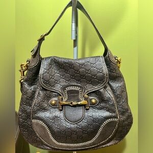 Gucci Dark Brown Embossed Leather Shoulder Pelham Bag